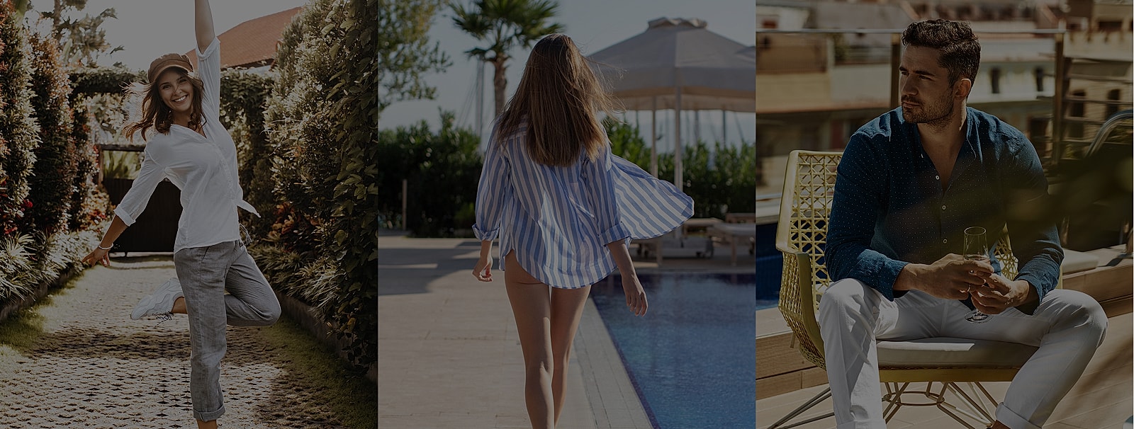 People enjoying summer fashion in outdoor settings.