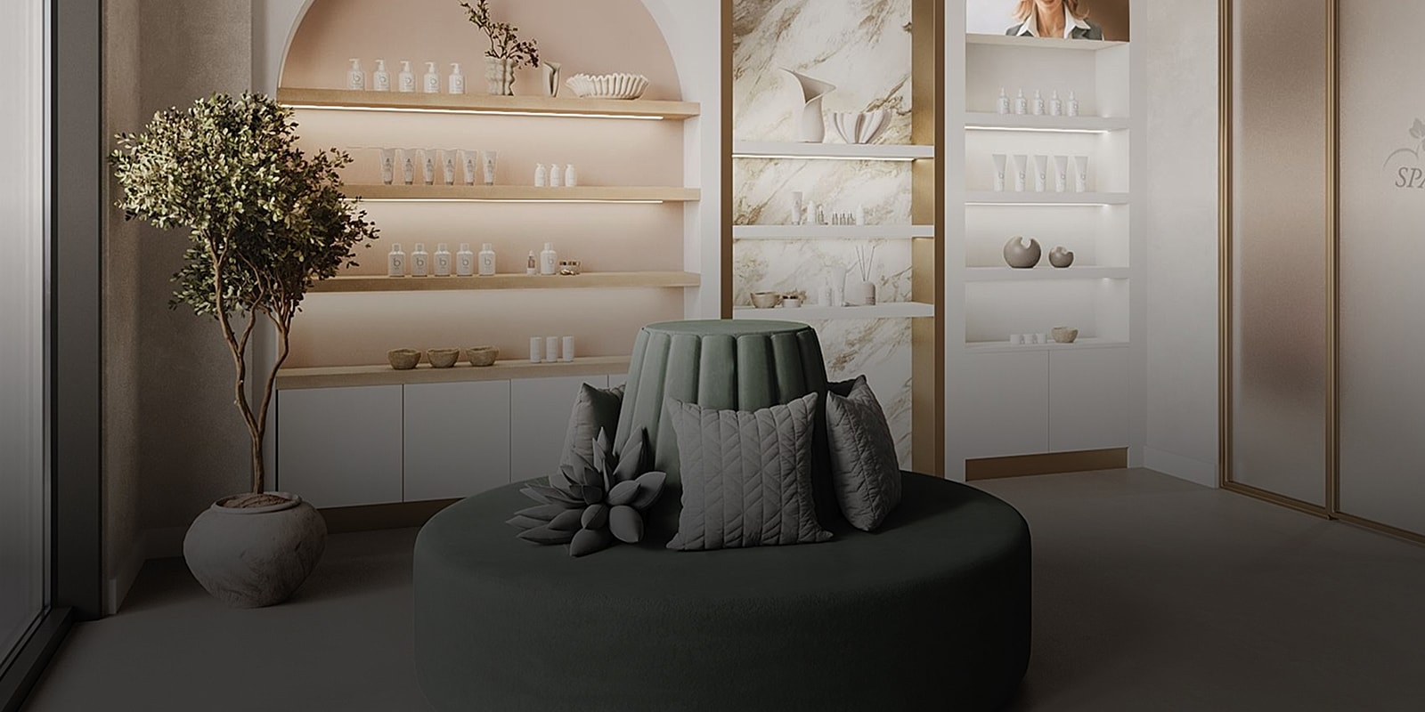 Modern spa interior with shelves and seating.