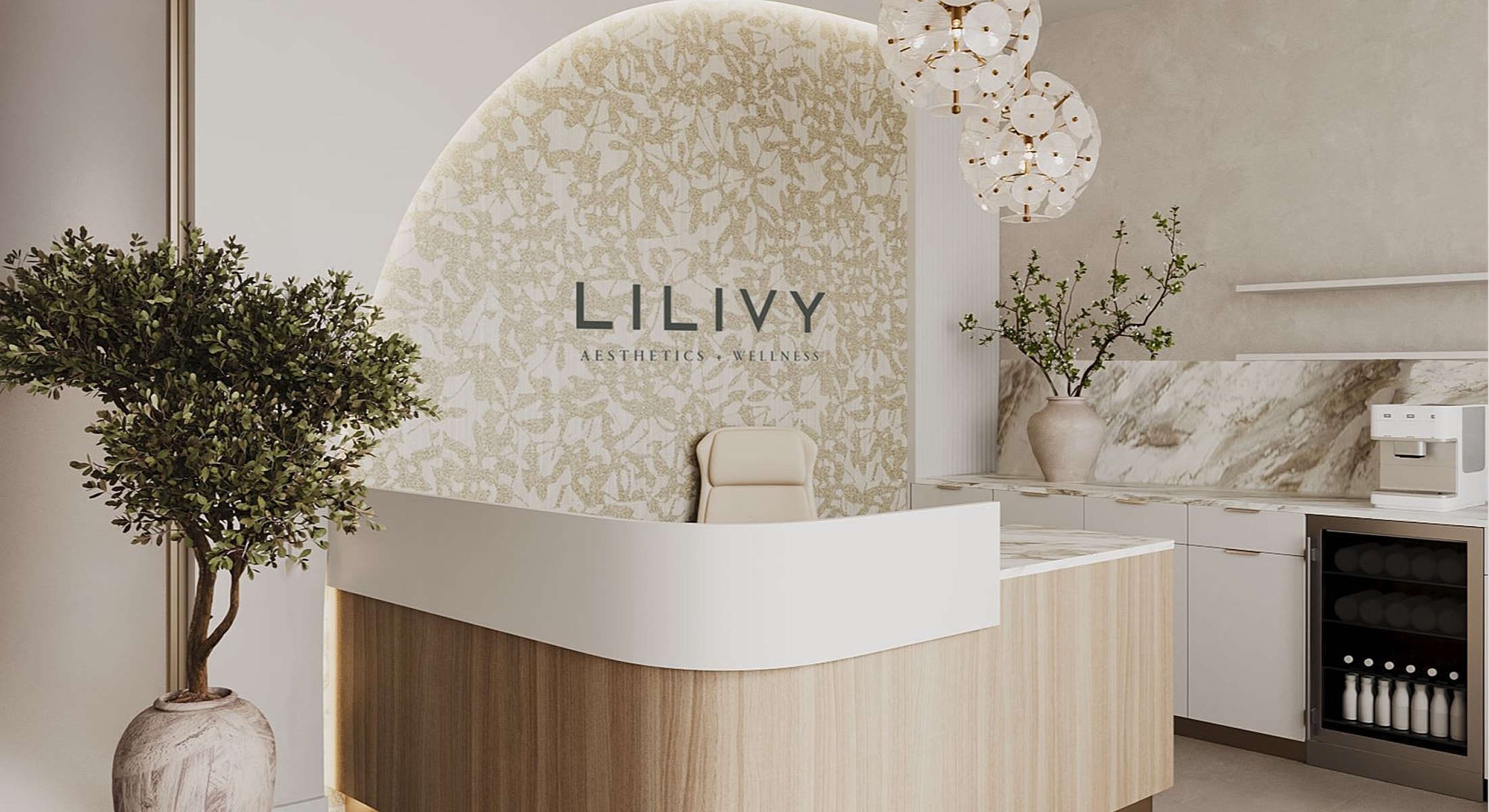 Modern reception area of aesthetics wellness center.