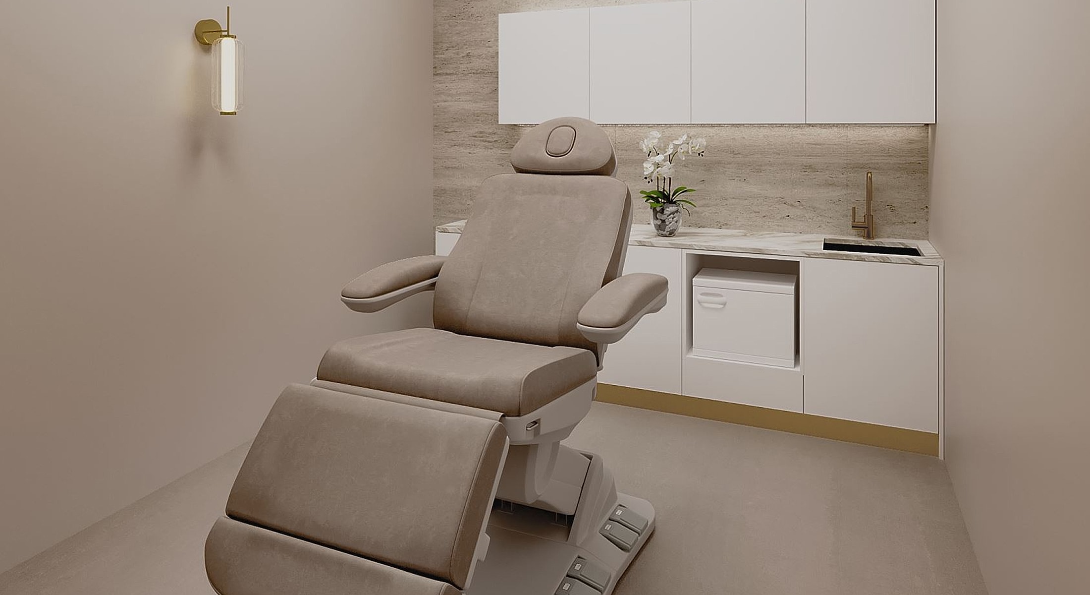 Modern medical examination room with adjustable chair.