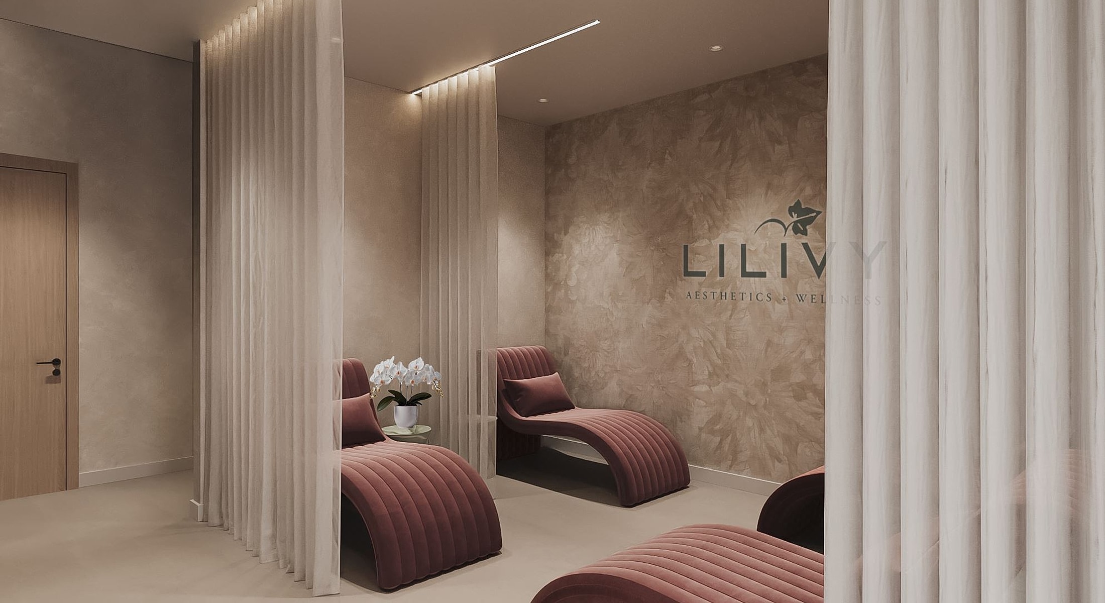 Modern wellness spa interior with relaxing seating.